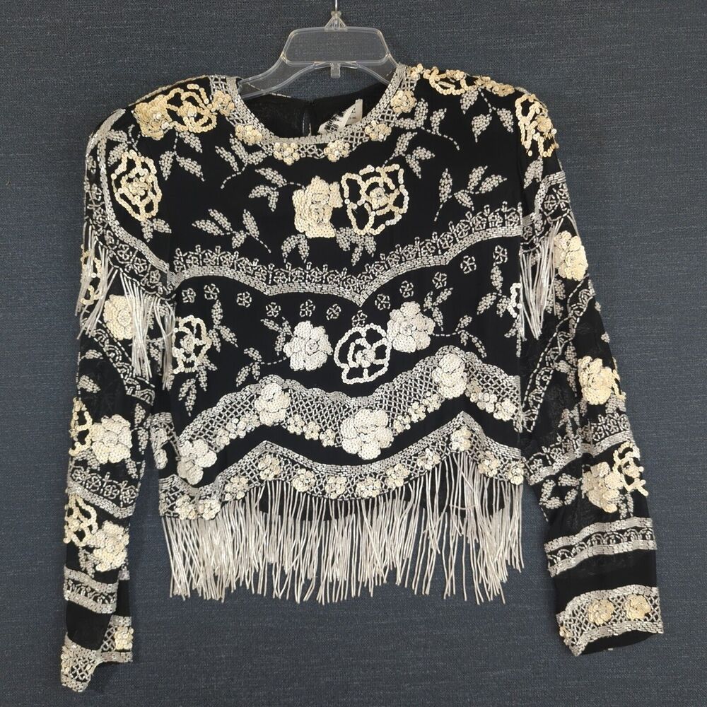 Vintage Black Tie Crop Top Beaded Sequin Floral Western Rodeo 80s Glam Dance S